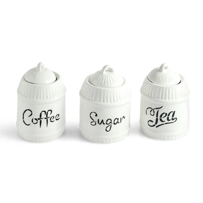 ExclusiveLane 'The London Tea Club' Multi-Utility Storage Jars & Containers In Ceramic (Set of 3, Non- Airtight, 520 ML, Hand-Embossed, 15.5 Cm)