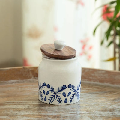 ExclusiveLane 'Royal Mughal' Multi-Utility Storage Jar & Container In Ceramic With Wooden Lid (Airtight, 380 ML, Hand-Painted, 13.4 Cm)