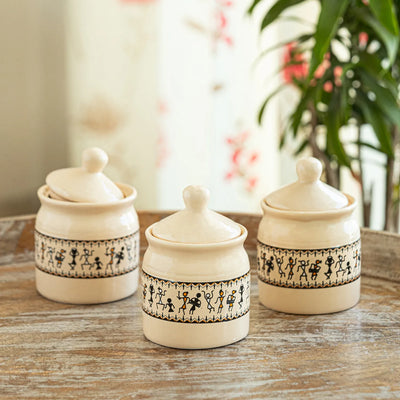 ExclusiveLane 'Warli Tales' Multi-Purpose Ceramic Pickle & Chutney Jar Set of 3 (Non-Airtight, 230 ML, Handcrafted, 12.5 Cm)