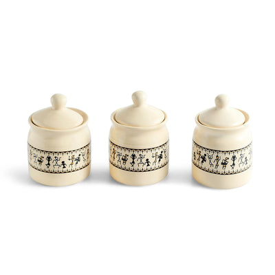ExclusiveLane 'Warli Tales' Multi-Purpose Ceramic Pickle & Chutney Jar Set of 3 (Non-Airtight, 230 ML, Handcrafted, 12.5 Cm)