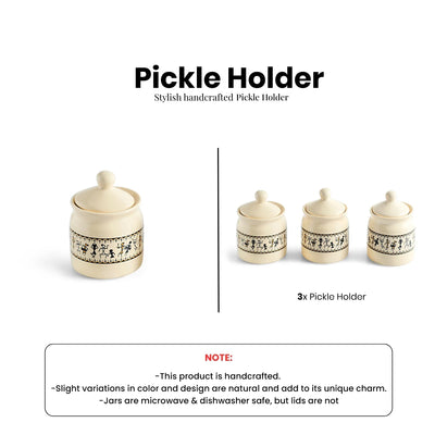 ExclusiveLane 'Warli Tales' Multi-Purpose Ceramic Pickle & Chutney Jar Set of 3 (Non-Airtight, 230 ML, Handcrafted, 12.5 Cm)