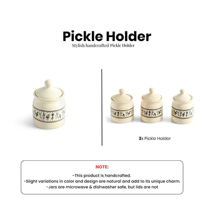 ExclusiveLane 'Warli Tales' Multi-Purpose Ceramic Pickle & Chutney Jar Set of 3 (Non-Airtight, 230 ML, Handcrafted, 12.5 Cm)