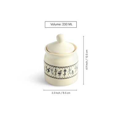 ExclusiveLane 'Warli Tales' Multi-Purpose Ceramic Pickle & Chutney Jar Set of 3 (Non-Airtight, 230 ML, Handcrafted, 12.5 Cm)
