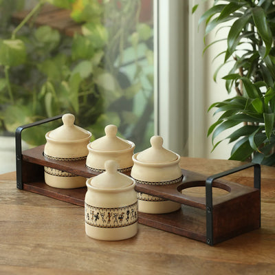 ExclusiveLane 'Warli Tales' Multi-Purpose Ceramic Pickle & Chutney Jar Set With Wooden Holder (Set of 4, Non-Airtight, 230 ML, Handcrafted, 12.5 Cm)