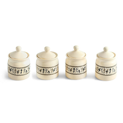 ExclusiveLane 'Warli Tales' Multi-Purpose Ceramic Pickle & Chutney Jar Set With Wooden Holder (Set of 4, Non-Airtight, 230 ML, Handcrafted, 12.5 Cm)