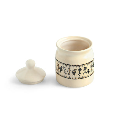 ExclusiveLane 'Warli Tales' Multi-Purpose Ceramic Pickle & Chutney Jar Set With Wooden Holder (Set of 4, Non-Airtight, 230 ML, Handcrafted, 12.5 Cm)