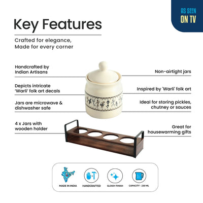 ExclusiveLane 'Warli Tales' Multi-Purpose Ceramic Pickle & Chutney Jar Set With Wooden Holder (Set of 4, Non-Airtight, 230 ML, Handcrafted, 12.5 Cm)
