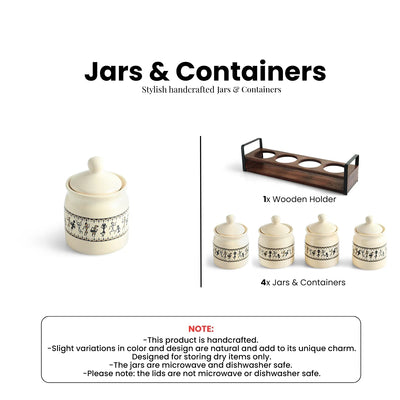 ExclusiveLane 'Warli Tales' Multi-Purpose Ceramic Pickle & Chutney Jar Set With Wooden Holder (Set of 4, Non-Airtight, 230 ML, Handcrafted, 12.5 Cm)