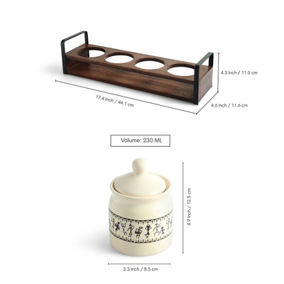 ExclusiveLane 'Warli Tales' Multi-Purpose Ceramic Pickle & Chutney Jar Set With Wooden Holder (Set of 4, Non-Airtight, 230 ML, Handcrafted, 12.5 Cm)