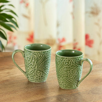 ExclusiveLane 'Green Flora' Ceramic Tea And Coffee Mugs (Set of 2, 290 ML, Microwave Safe, Hand-Embossed)