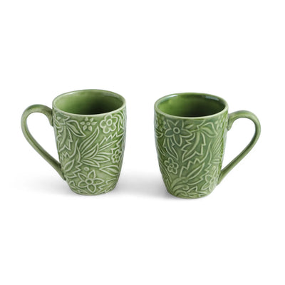 ExclusiveLane 'Green Flora' Ceramic Tea And Coffee Mugs (Set of 2, 290 ML, Microwave Safe, Hand-Embossed)