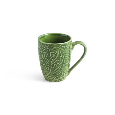 ExclusiveLane 'Green Flora' Ceramic Tea And Coffee Mugs (Set of 2, 290 ML, Microwave Safe, Hand-Embossed)