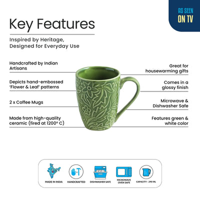 ExclusiveLane 'Green Flora' Ceramic Tea And Coffee Mugs (Set of 2, 290 ML, Microwave Safe, Hand-Embossed)