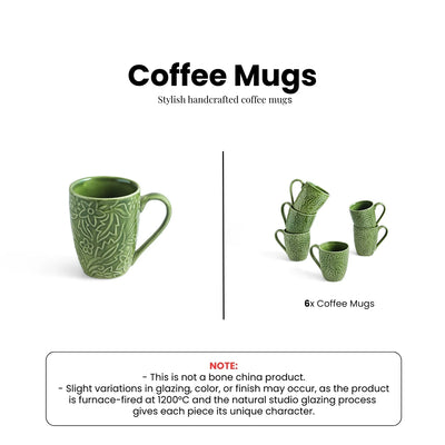 ExclusiveLane 'Green Flora' Ceramic Tea And Coffee Mugs (Set of 2, 290 ML, Microwave Safe, Hand-Embossed)