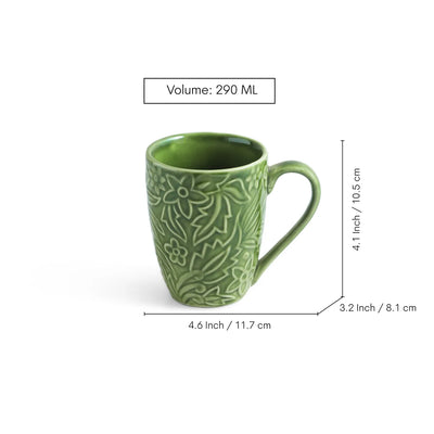ExclusiveLane 'Green Flora' Ceramic Tea And Coffee Mugs (Set of 2, 290 ML, Microwave Safe, Hand-Embossed)