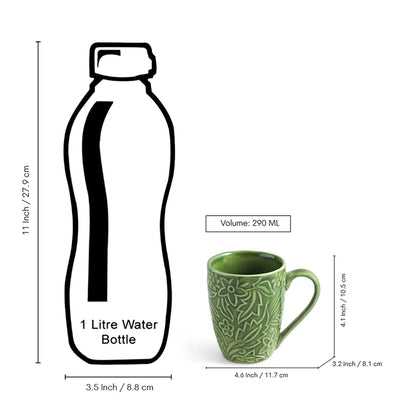 ExclusiveLane 'Green Flora' Ceramic Tea And Coffee Mugs (Set of 2, 290 ML, Microwave Safe, Hand-Embossed)