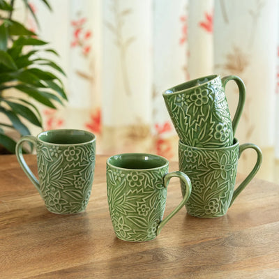 ExclusiveLane 'Green Flora' Ceramic Tea And Coffee Mugs (Set of 4, 290 ML, Microwave Safe, Hand-Embossed)