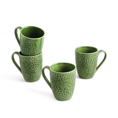 ExclusiveLane 'Green Flora' Ceramic Tea And Coffee Mugs (Set of 4, 290 ML, Microwave Safe, Hand-Embossed)