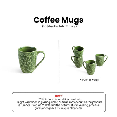 ExclusiveLane 'Green Flora' Ceramic Tea And Coffee Mugs (Set of 4, 290 ML, Microwave Safe, Hand-Embossed)