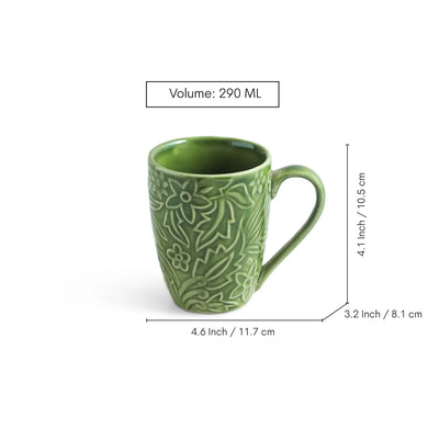ExclusiveLane 'Green Flora' Ceramic Tea And Coffee Mugs (Set of 4, 290 ML, Microwave Safe, Hand-Embossed)