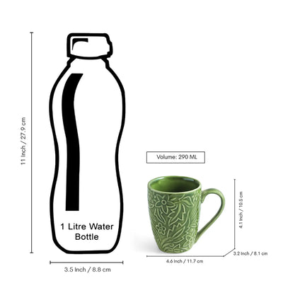 ExclusiveLane 'Green Flora' Ceramic Tea And Coffee Mugs (Set of 4, 290 ML, Microwave Safe, Hand-Embossed)