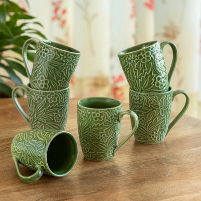 ExclusiveLane 'Green Flora' Ceramic Tea And Coffee Mugs (Set of 6, 290 ML, Microwave Safe, Hand-Embossed)