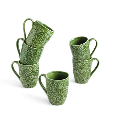 ExclusiveLane 'Green Flora' Ceramic Tea And Coffee Mugs (Set of 6, 290 ML, Microwave Safe, Hand-Embossed)