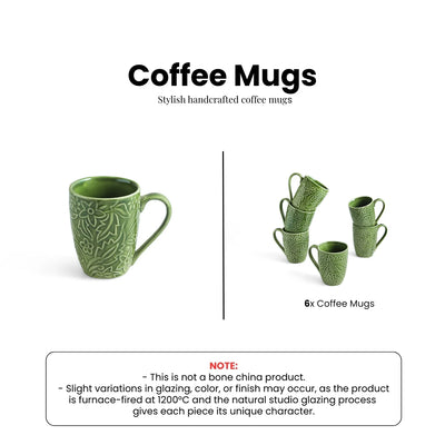 ExclusiveLane 'Green Flora' Ceramic Tea And Coffee Mugs (Set of 6, 290 ML, Microwave Safe, Hand-Embossed)