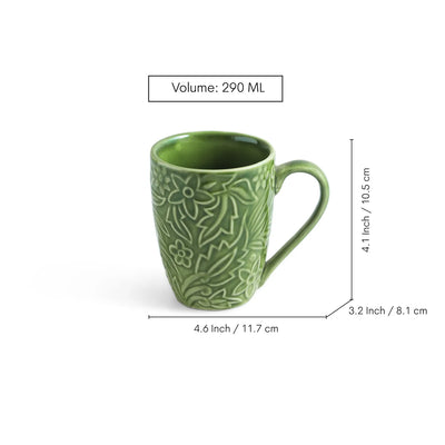 ExclusiveLane 'Green Flora' Ceramic Tea And Coffee Mugs (Set of 6, 290 ML, Microwave Safe, Hand-Embossed)
