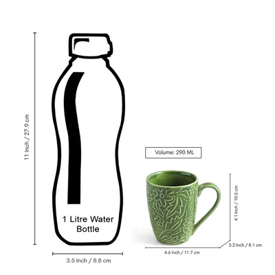 ExclusiveLane 'Green Flora' Ceramic Tea And Coffee Mugs (Set of 6, 290 ML, Microwave Safe, Hand-Embossed)