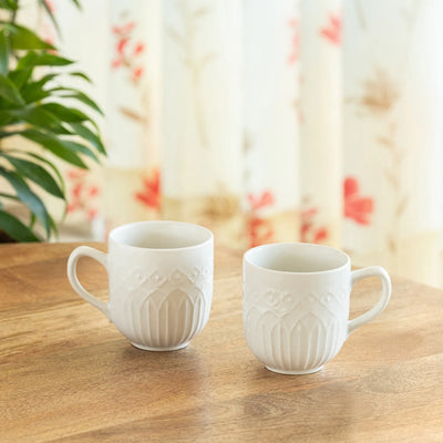 ExclusiveLane 'Minimalist' Ceramic Tea And Coffee Mugs (Set of 2, 340 ML, Microwave Safe, Hand-Embossed)