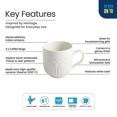 ExclusiveLane 'Minimalist' Ceramic Tea And Coffee Mugs (Set of 4,  340 ML, Microwave Safe, Hand-Embossed)