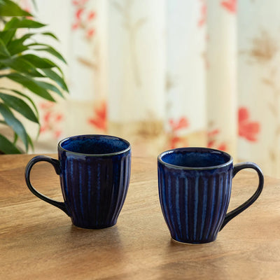 ExclusiveLane 'Midnight Ribbed' Ceramic Tea And Coffee Mugs (Set of 2, 260 ML, Microwave Safe, Hand-Embossed)
