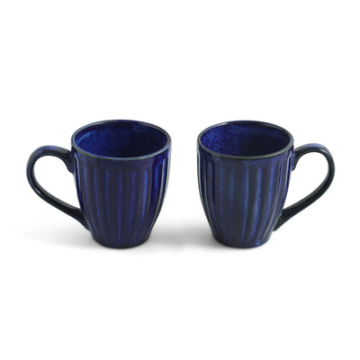 ExclusiveLane 'Midnight Ribbed' Ceramic Tea And Coffee Mugs (Set of 2, 260 ML, Microwave Safe, Hand-Embossed)