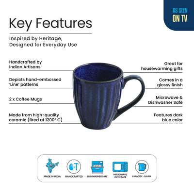 ExclusiveLane 'Midnight Ribbed' Ceramic Tea And Coffee Mugs (Set of 2, 260 ML, Microwave Safe, Hand-Embossed)