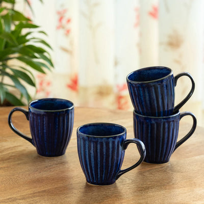 ExclusiveLane 'Midnight Ribbed' Ceramic Tea And Coffee Mugs (Set of 4, 260 ML, Microwave Safe, Hand-Embossed)