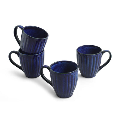 ExclusiveLane 'Midnight Ribbed' Ceramic Tea And Coffee Mugs (Set of 4, 260 ML, Microwave Safe, Hand-Embossed)