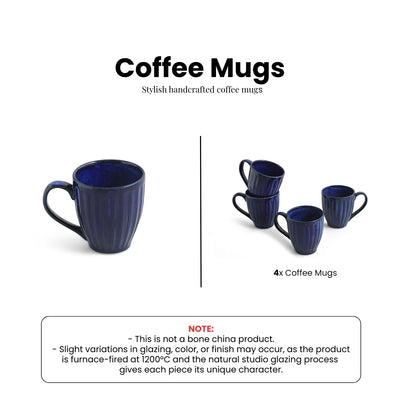ExclusiveLane 'Midnight Ribbed' Ceramic Tea And Coffee Mugs (Set of 4, 260 ML, Microwave Safe, Hand-Embossed)