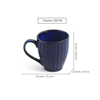 ExclusiveLane 'Midnight Ribbed' Ceramic Tea And Coffee Mugs (Set of 4, 260 ML, Microwave Safe, Hand-Embossed)