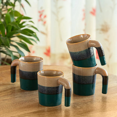 ExclusiveLane 'Hue & Handle' Ceramic Tea And Coffee Mugs (Set of 4, 300 ML, Microwave Safe, Hand Galzed)