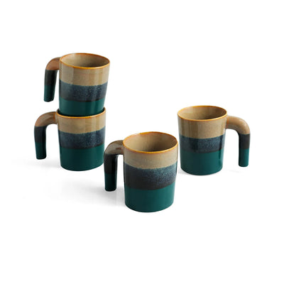 ExclusiveLane 'Hue & Handle' Ceramic Tea And Coffee Mugs (Set of 4, 300 ML, Microwave Safe, Hand Galzed)