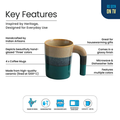 ExclusiveLane 'Hue & Handle' Ceramic Tea And Coffee Mugs (Set of 4, 300 ML, Microwave Safe, Hand Galzed)