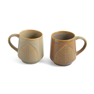 ExclusiveLane 'Leaf & Lines' Ceramic Tea And Coffee Mugs (Set of 2, 300 ML, Microwave Safe, Hand-Embossed)