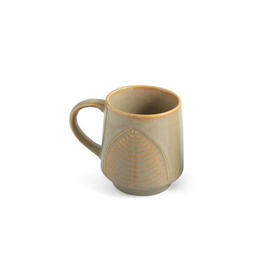 ExclusiveLane 'Leaf & Lines' Ceramic Tea And Coffee Mugs (Set of 2, 300 ML, Microwave Safe, Hand-Embossed)