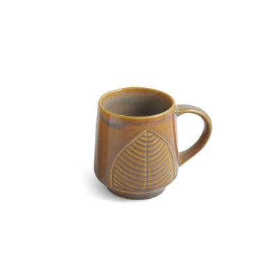 ExclusiveLane 'Leaf & Lines' Ceramic Tea And Coffee Mugs (Set of 2, 300 ML, Microwave Safe, Hand-Embossed)