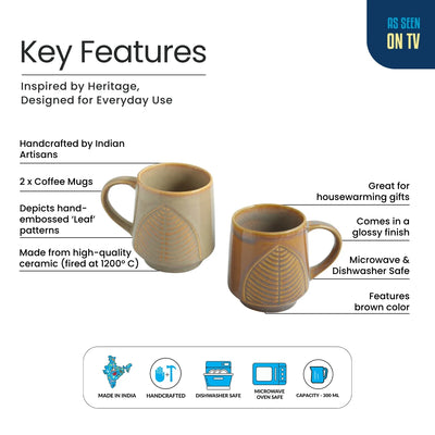 ExclusiveLane 'Leaf & Lines' Ceramic Tea And Coffee Mugs (Set of 2, 300 ML, Microwave Safe, Hand-Embossed)