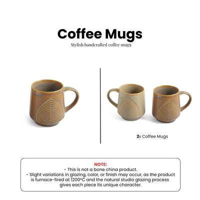 ExclusiveLane 'Leaf & Lines' Ceramic Tea And Coffee Mugs (Set of 2, 300 ML, Microwave Safe, Hand-Embossed)