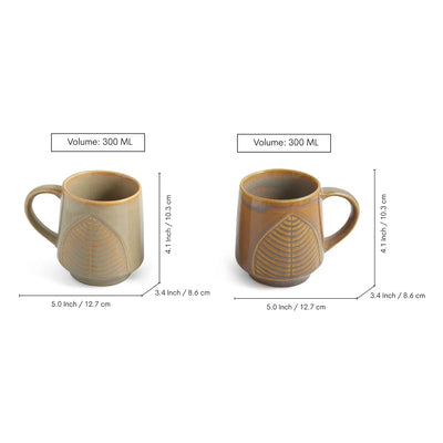 ExclusiveLane 'Leaf & Lines' Ceramic Tea And Coffee Mugs (Set of 2, 300 ML, Microwave Safe, Hand-Embossed)