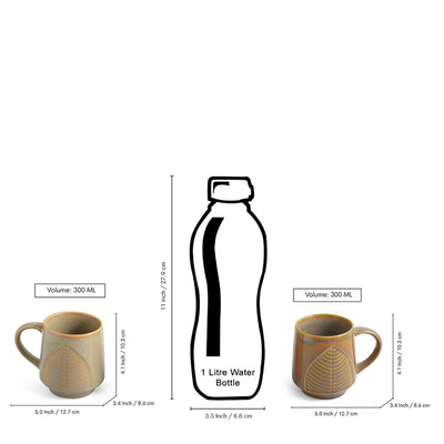 ExclusiveLane 'Leaf & Lines' Ceramic Tea And Coffee Mugs (Set of 2, 300 ML, Microwave Safe, Hand-Embossed)