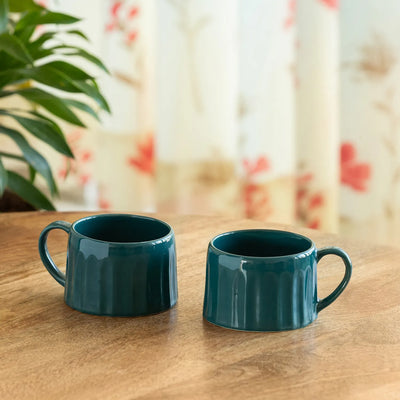 ExclusiveLane 'Aqua' Ceramic Tea And Coffee Mugs (Set of 2, 250 ML, Microwave Safe, Hand-Embossed)